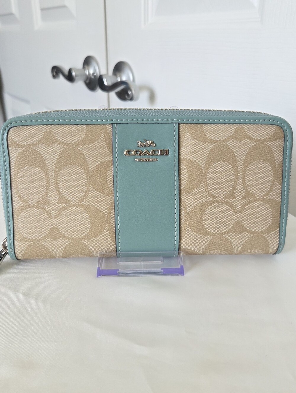 Coach Large Canvas Zip Around Wallet with Lt Khaki Aqua Center Stripe